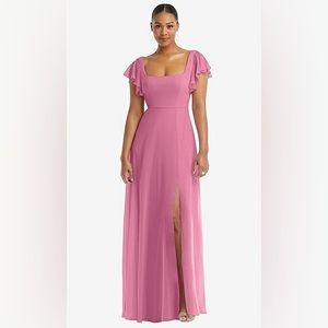 Dessy Orchid Pink flutter sleeve scoop open back chiffon maxi dress
